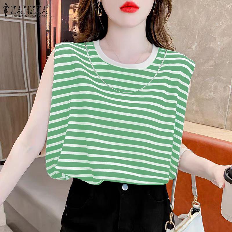 

ZANZEA Women Casual Round Neck Sleeveless Striped Loose Shoulder Pad Tanks S чёрный