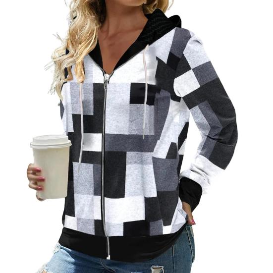 

Осенние толстовки модный клетчатый узор застежка-молния кардиган куртка обычная посадка повседневное пальто с капюшоном весна осень женская одежда уличная одежда 3XL белый
