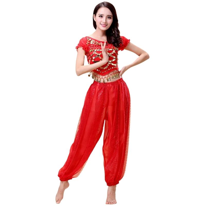 2Pieces Belly Dance Costume Set Coins Top Lantern Pants Set Halloween Costume Belly Dance Outfits for Dress Up Party