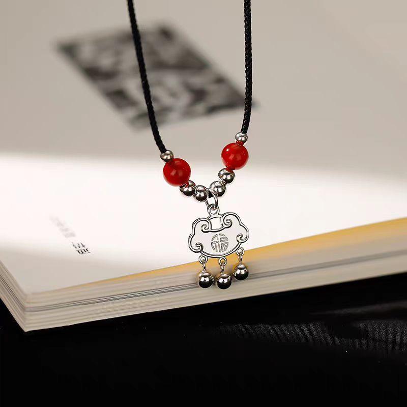 New Chinese necklace ins student girlfriend safety lock ethnic style handwoven long life lock bell pendant