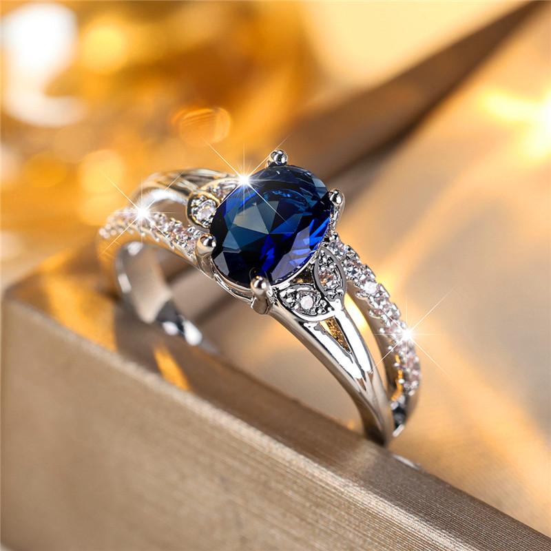 Boho Female Blue Oval Zircon Stone Ring Cute  Color Summer Wedding Jewelry For Women