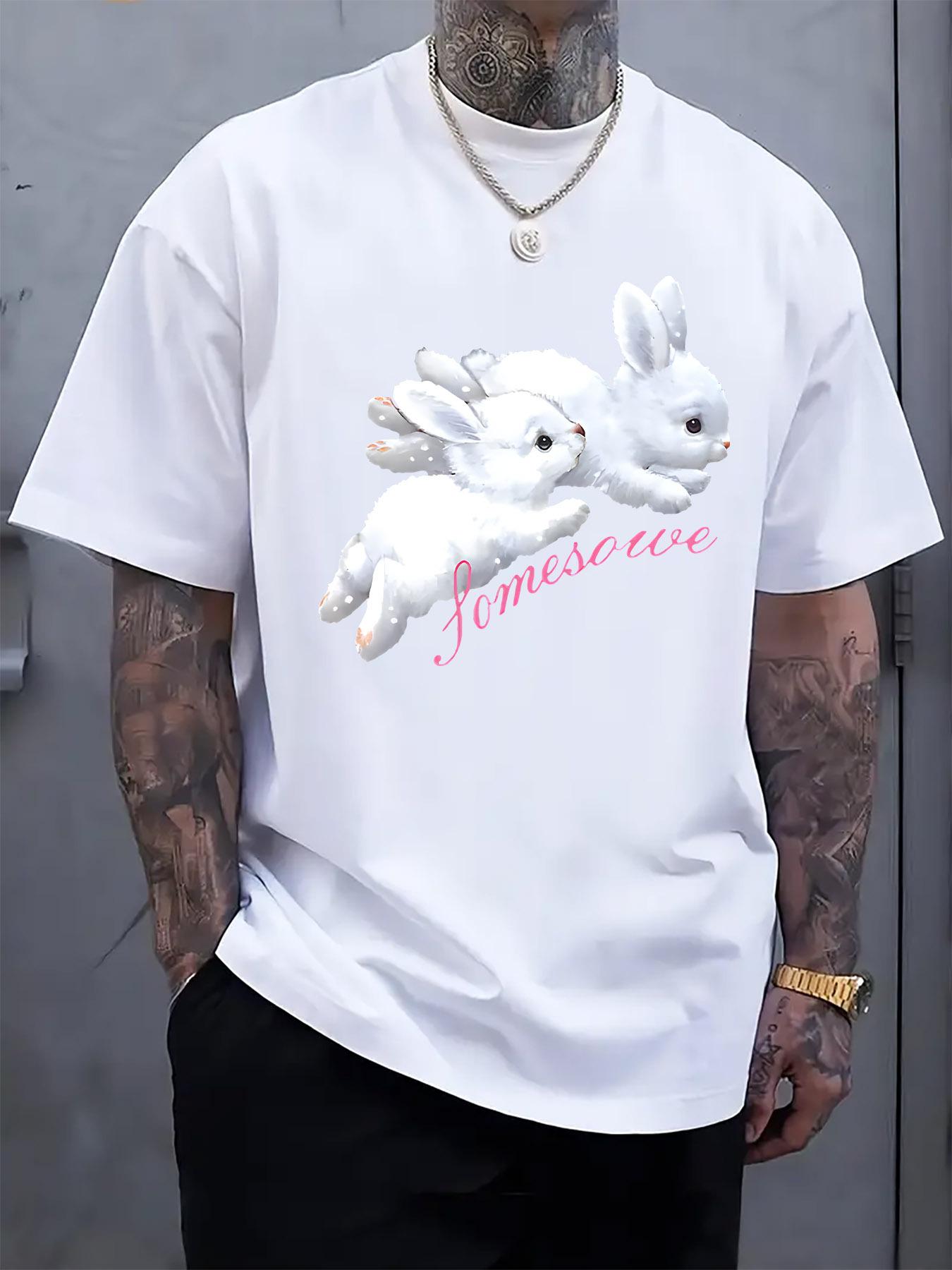 White T-shirt with Running Rabbit & Jomesove Print - Casual Crew Neck XXXXL
