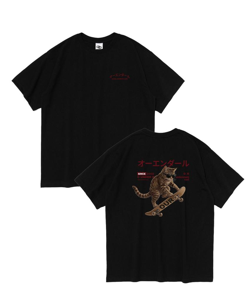 OUNDERR Skate Cat Graphic Short Sleeve T-Shirt (Black)