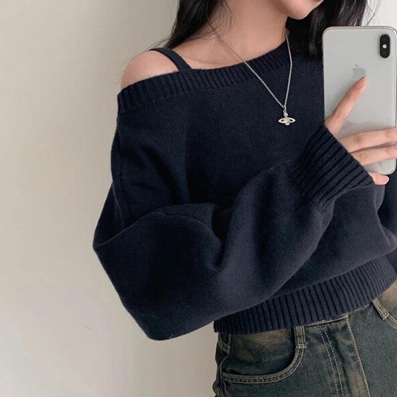Winter Solid Vintage Knitted Pullovers Women Sexy Off Shoulder Sweaters Fashion Tops Female Korean Fashion Casual Chic Clothes