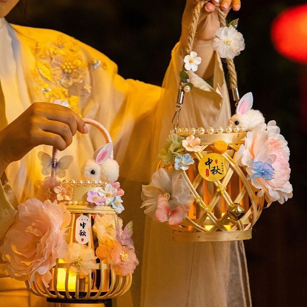 Traditionelle Rattan-Laternen im chinesischen Stil, Kaninchen-Blumen, DIY-Materialset, Laternen für das Mittherbstfest mit Licht, Handgefertigt