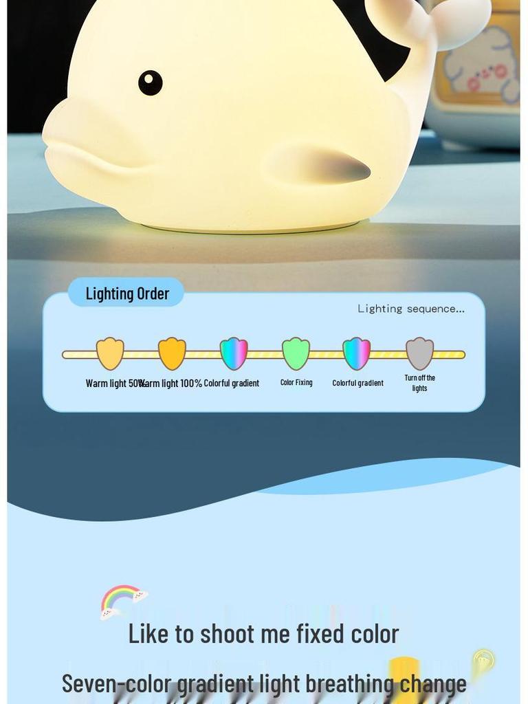 Seven-Color USB Rechargeable Dolphin LED Night Light - Silicone Cartoon Atmosphere Lamp