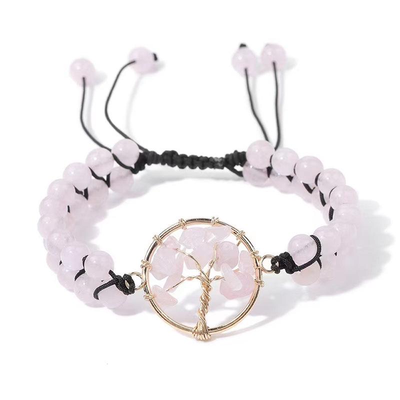 Natural Stone Double-Layer Woven Bracelet for Women - Retro Crushed Stone & Wire Wrapped Tree of Life Design