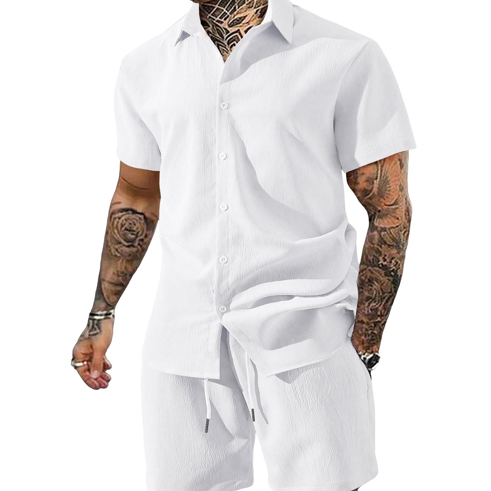 

Men s Summer -Color Collared Button-Down Shirt And Shorts Set XL