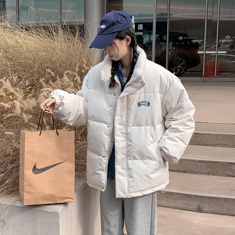 

2025 winter new down padded jacket women s Korean version loose thickened short student wears padded jacket jacket on both sides XXL off білий колір