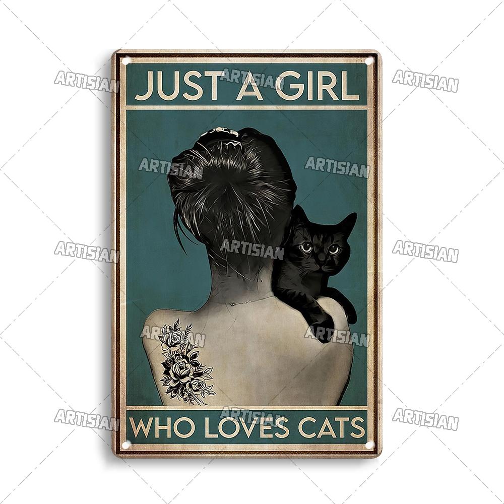 Artisian Halloween Metal Plaque Girl And Cat Tin Sign Black Cat Decorative Plate Wall Decor Garage Bar Pub Club Hotel Kitchen