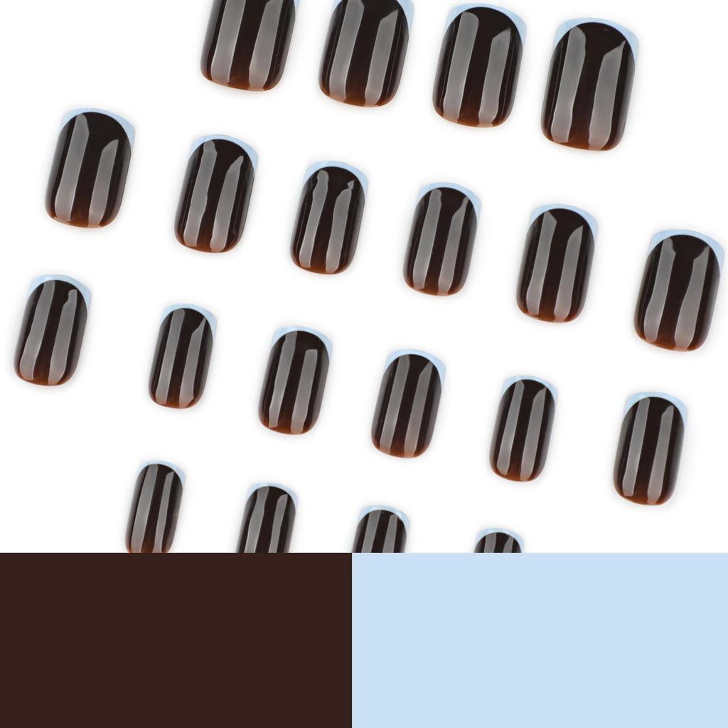 Light Gray and Blue Medium-Short Square Press-On Nails with Brown Tones for Autumn and Winter