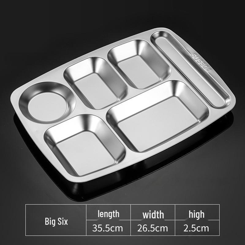 Shengjia 304 Stainless Steel 6-Compartment Rectangular Meal Tray - 10 Pack