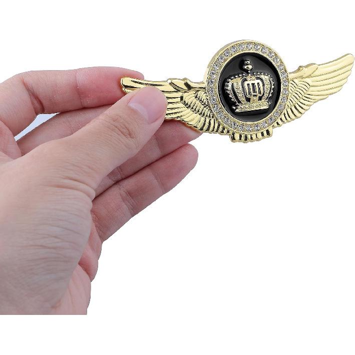 2pcs Wing Circular Crown Emblems,Crystal Diamond Crown Car Stickers Decals Decoration for All Car (Gold Black)