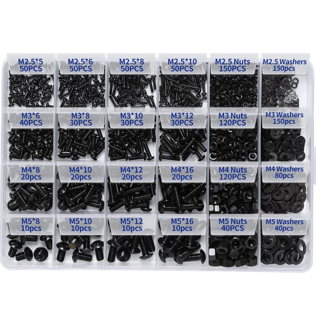 1230Pcs M2 M3 M4 M5 Silver Hex Socket Button Head Screws Nuts Washers Assortment Sets,10.9 Class Alloy Steel Screws Bolts Kit with 4 Allen Wrenches