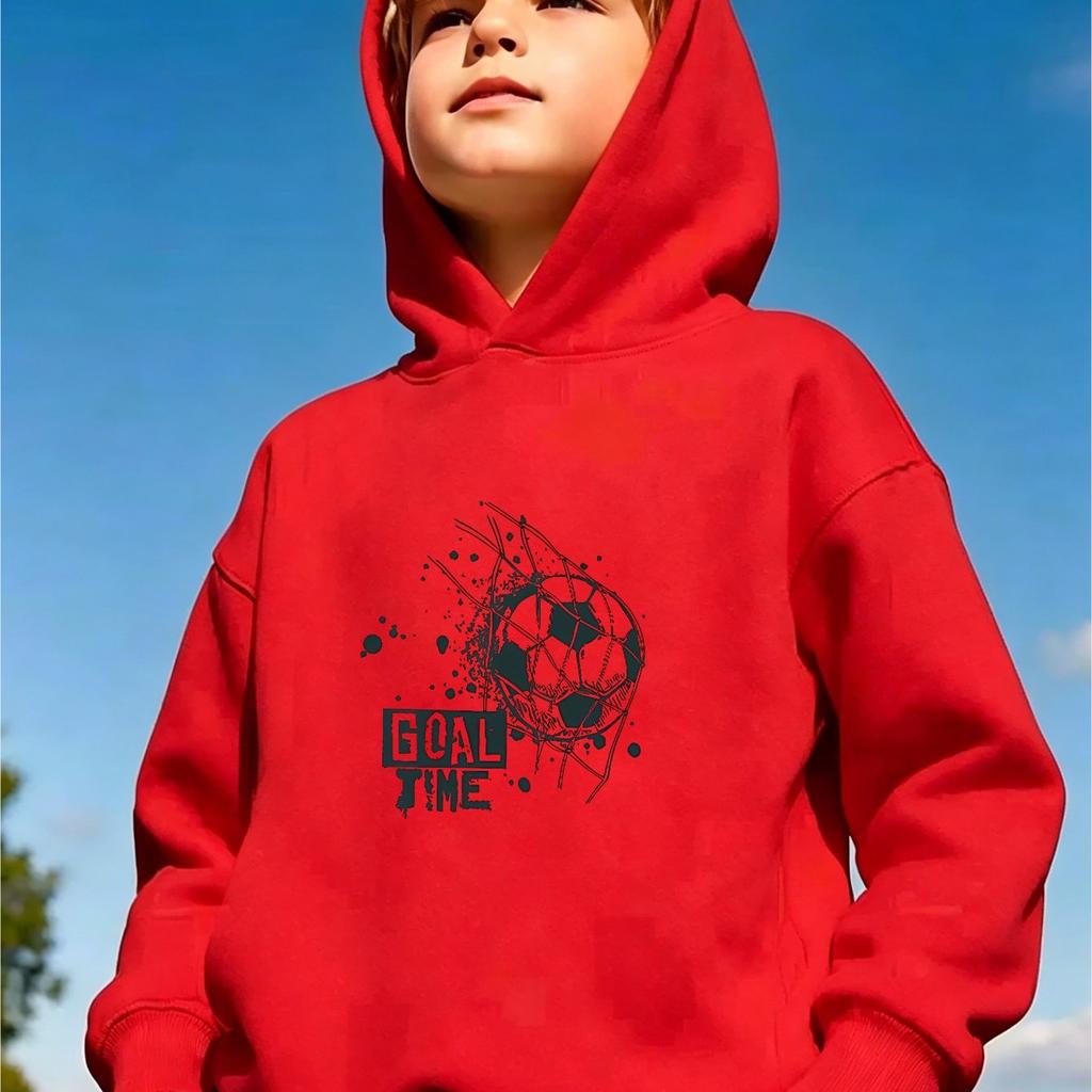 Boys' Fashion Hoodie, Casual Loose-Fit Hooded Sweatshirt with Soccer Ball Graphic and "GOAL TIME" Monogram Print on the Front Ch