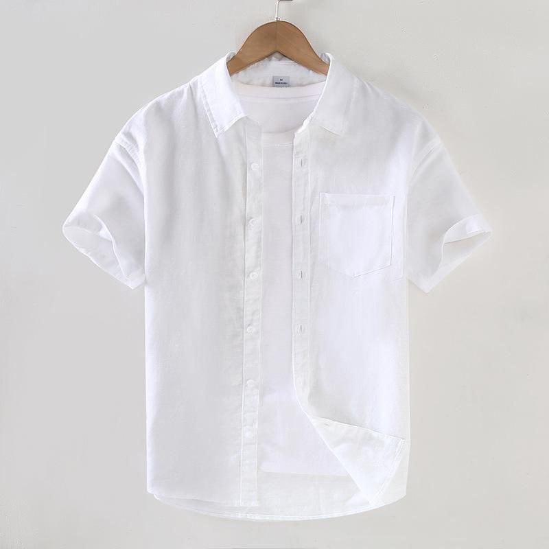 Cotton Linen Summer Shirt Japanese Style Men's Short Sleeve Shirt Beach Men Tops Square Pocket Blue Button Shirt Daily Causal Shirt