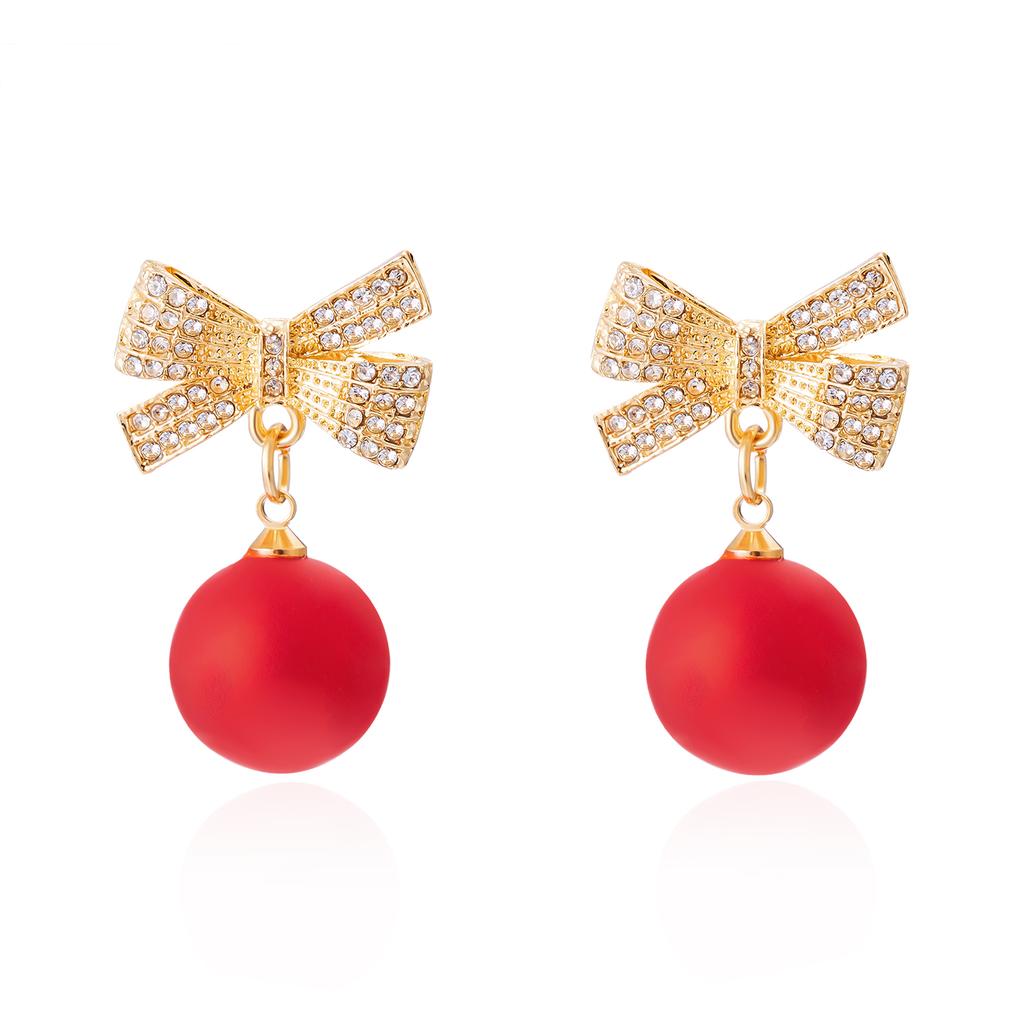 New Style Temperament Red Color Christmas Bow Stud Earrings for Women Rhinestone Bowknot Red Ball Earring Girls Party Jewelry