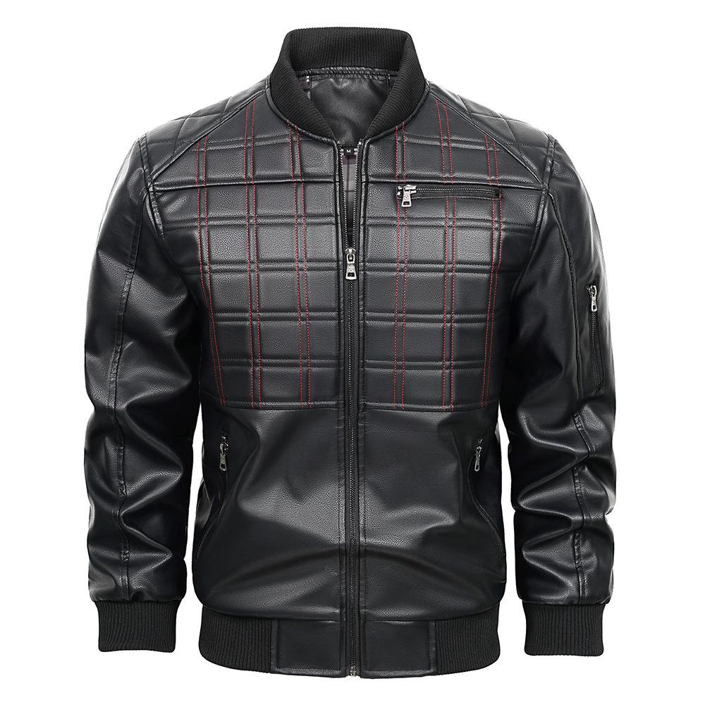 PU leather jacket autumn and winter men's jacket stand-up collar plaid retro locomotive clothing street jacket