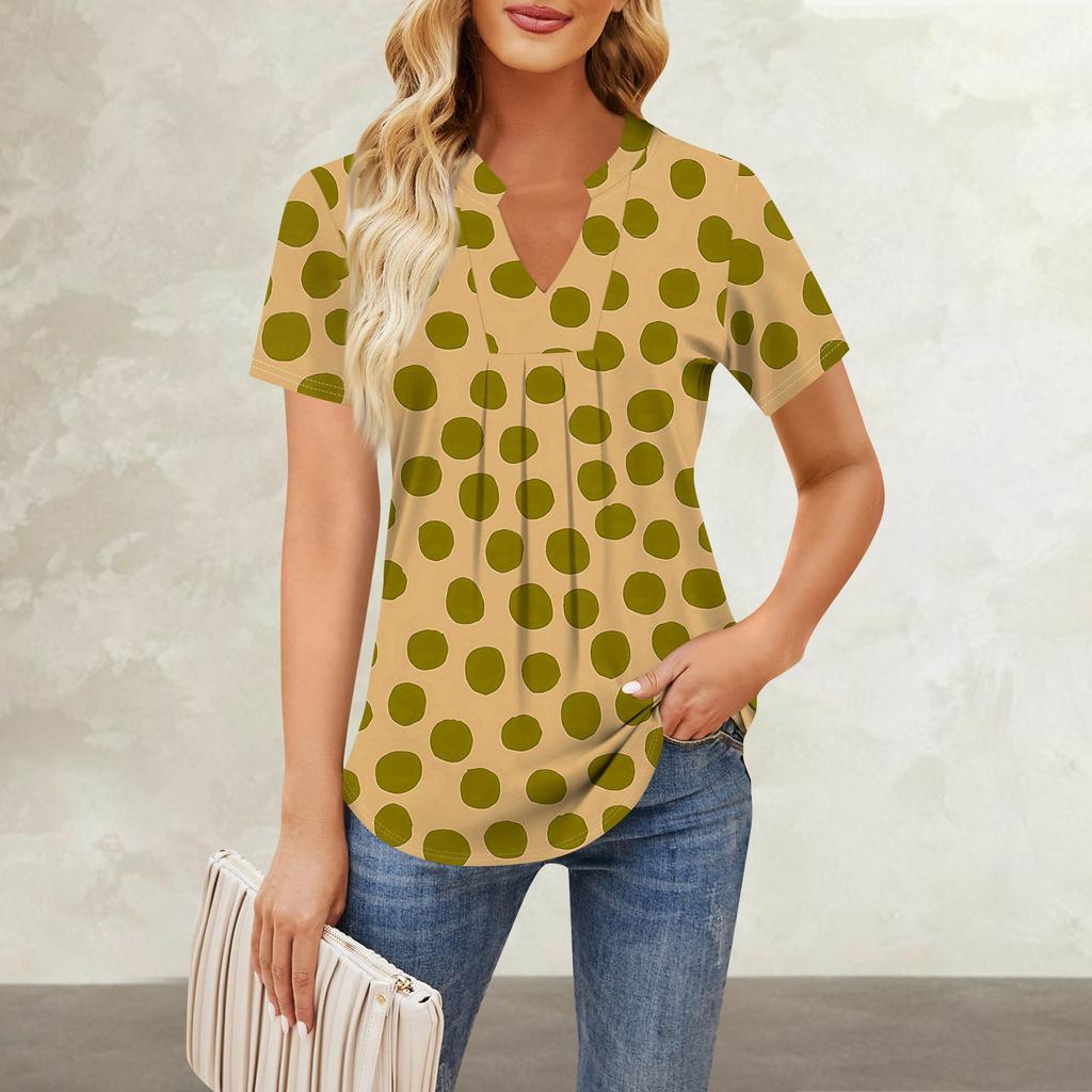 Women's Short Sleeve Casual V-neck Chest Pleated Printed Loose T-shirt Top