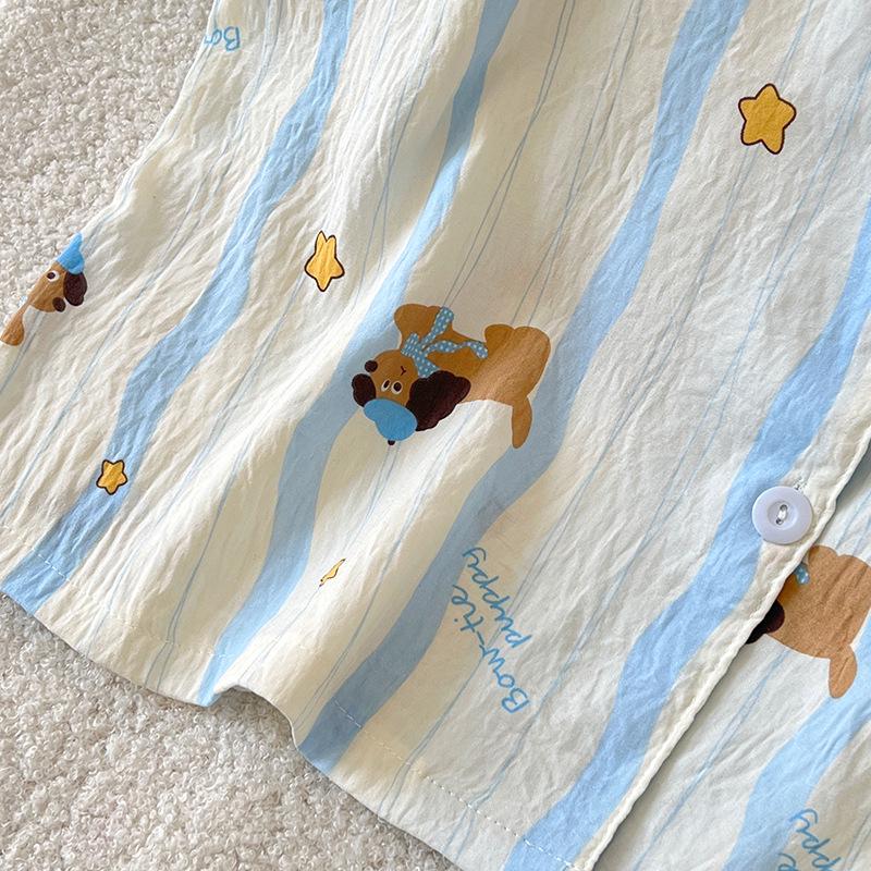 Women's Cartoon Short Sleeve Pajama Set - Korean Style Cloud Cotton