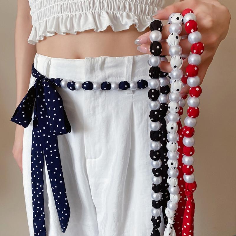 Fashion Vintage Polka Dot Long Silk Scarf Pearl Waist Chain Luxurious Design Belt Exquisite Clothing Accessories