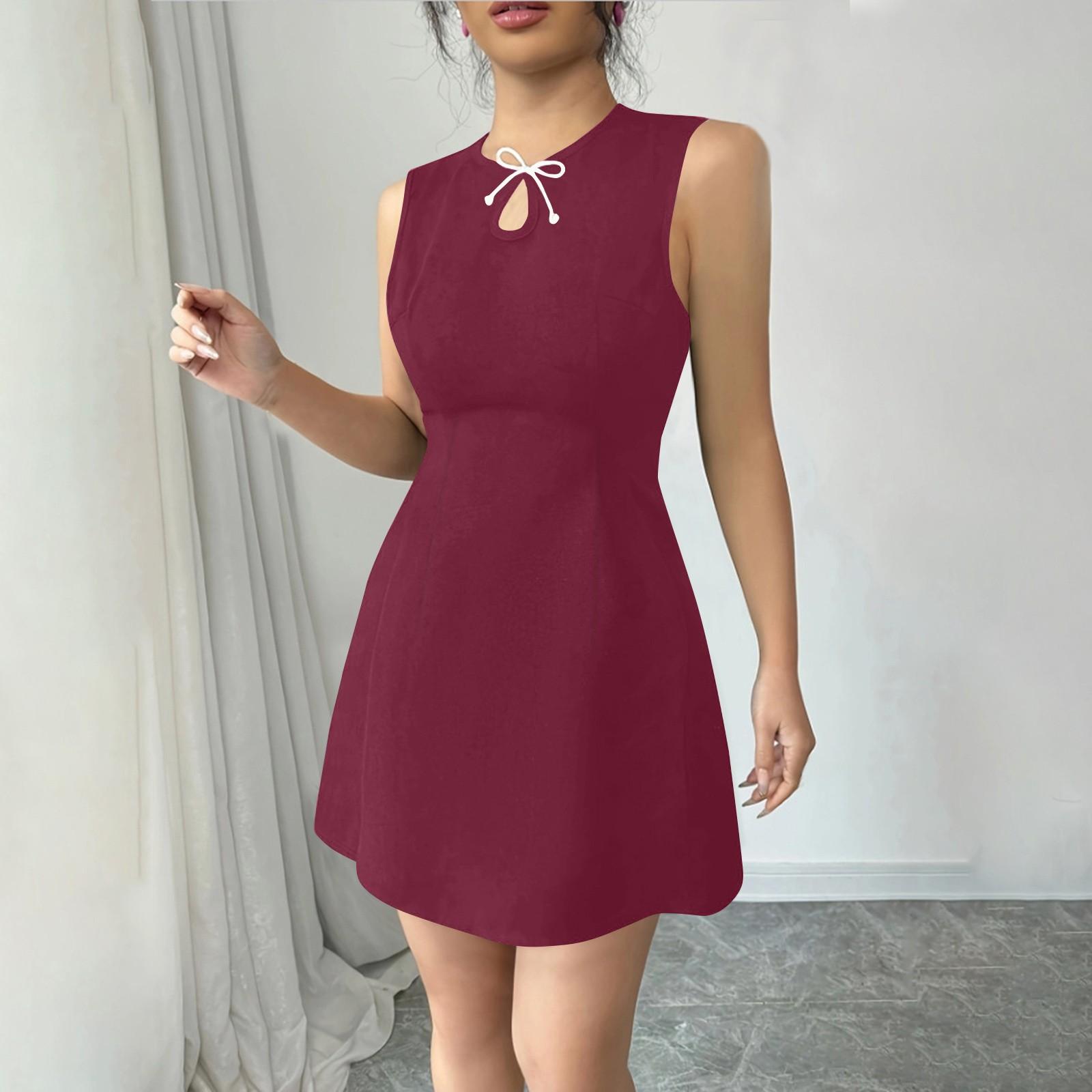 

Женское однотонное платье без рукавов с поясом на талии, облегающее, с круглым вырезом и бантом XL красный