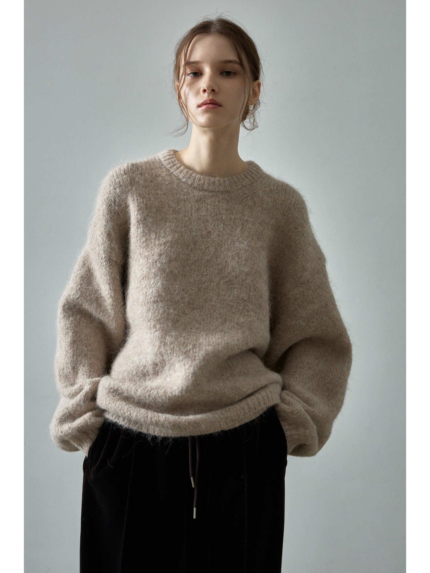 

Шерсть альпака осень/зима свободный круглый вырез с заниженной линией плеча однотонный вязаный свитер One Size бежевый