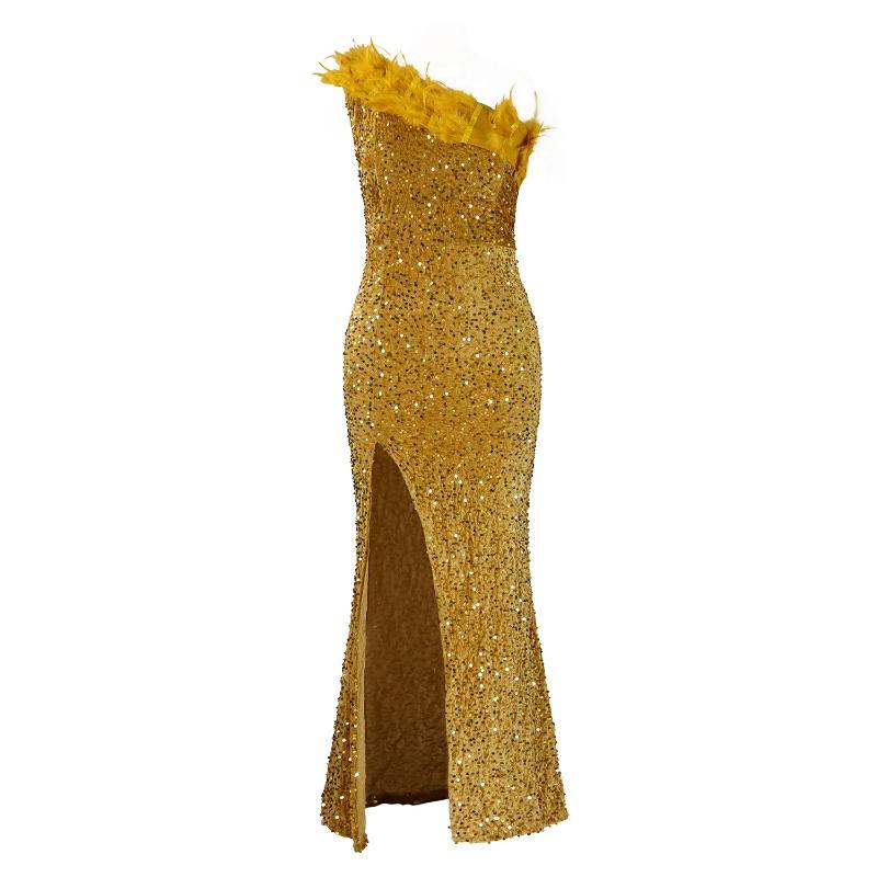 New Fashion Temperament Slant Neck Banquet High Waist Split Dress Dress Sequin Dress