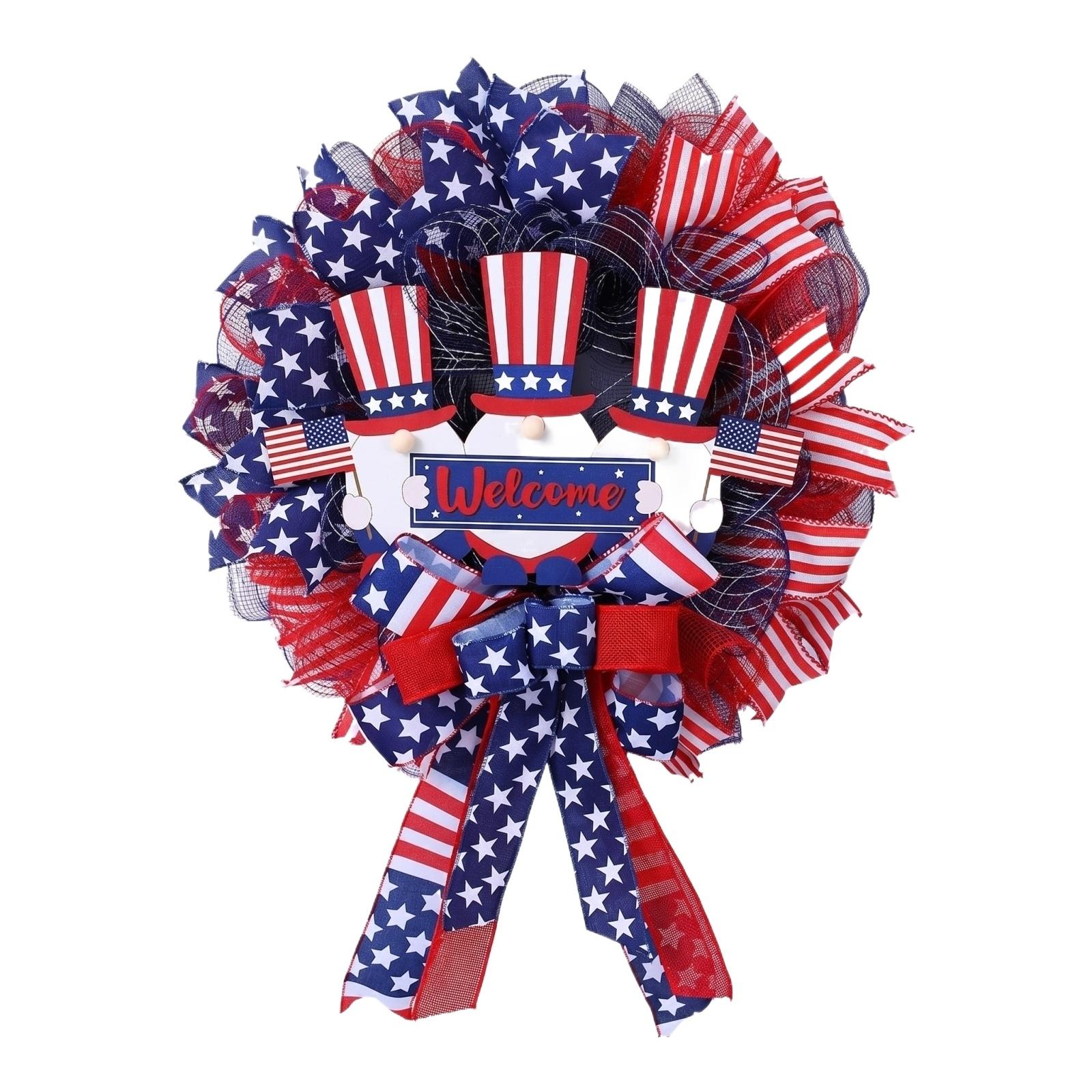 

40CM Patriotic Wreath Decor with Flag Elements and Welcome Sign for Door Hanging Window Decoration Holiday Seasonal Home Ornament One Size