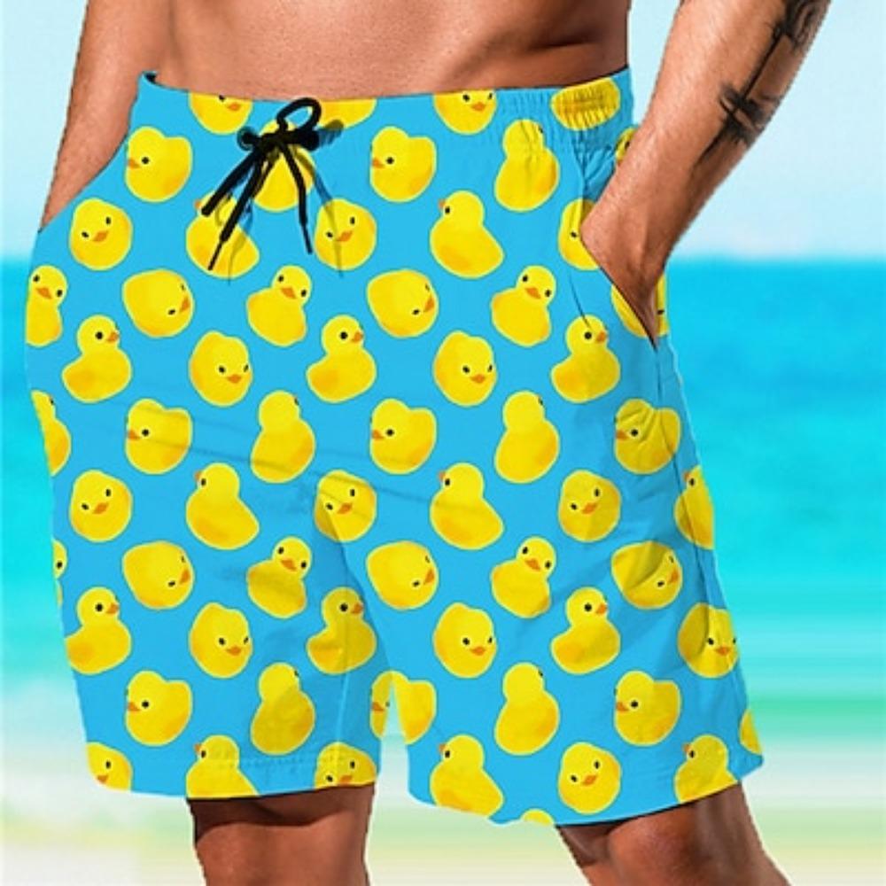 Men's Animal Pattern Printed Yellow Duck Swim Shorts Mid Waist Hawaiian Bohemian Casual Daily Vacation Drawstring Designer Clothing