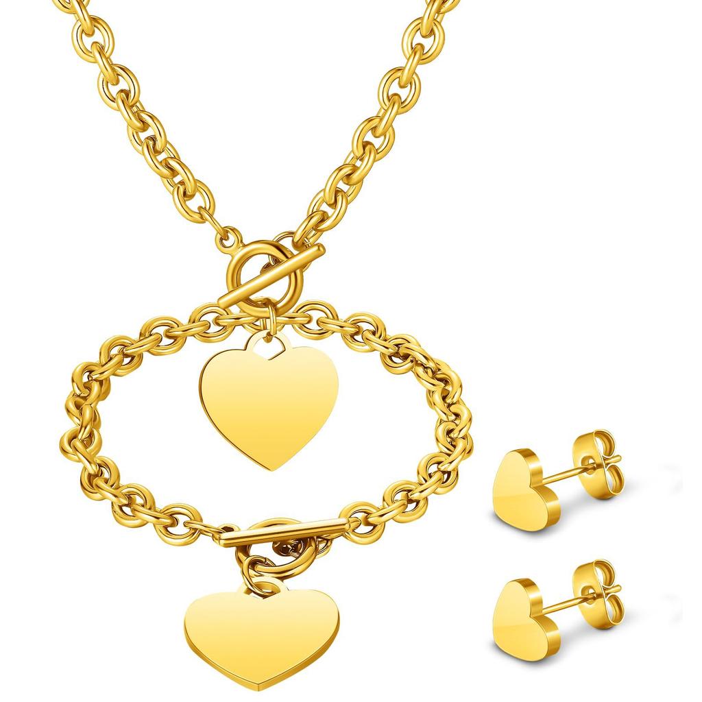Heart Tag Jewelry Set Silver OT Toggle Chunky Chain Necklace Bracelet Matching Heart Stud Earrings