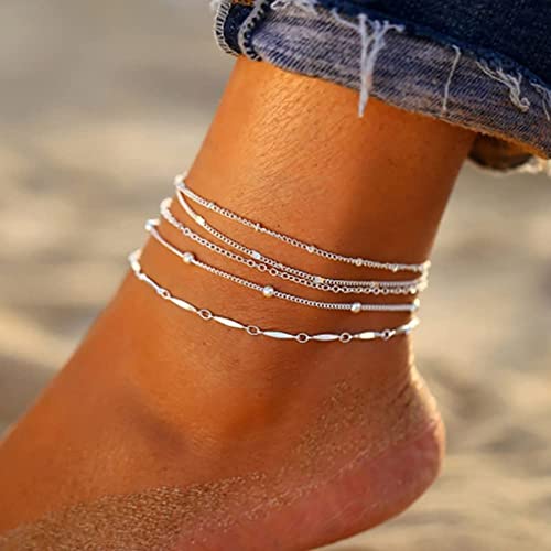 Cubahop 4PCS Boho Ankle Bracelets Silver Pearl Foot Jewelry Summer Beach Accessories for Women Girls
