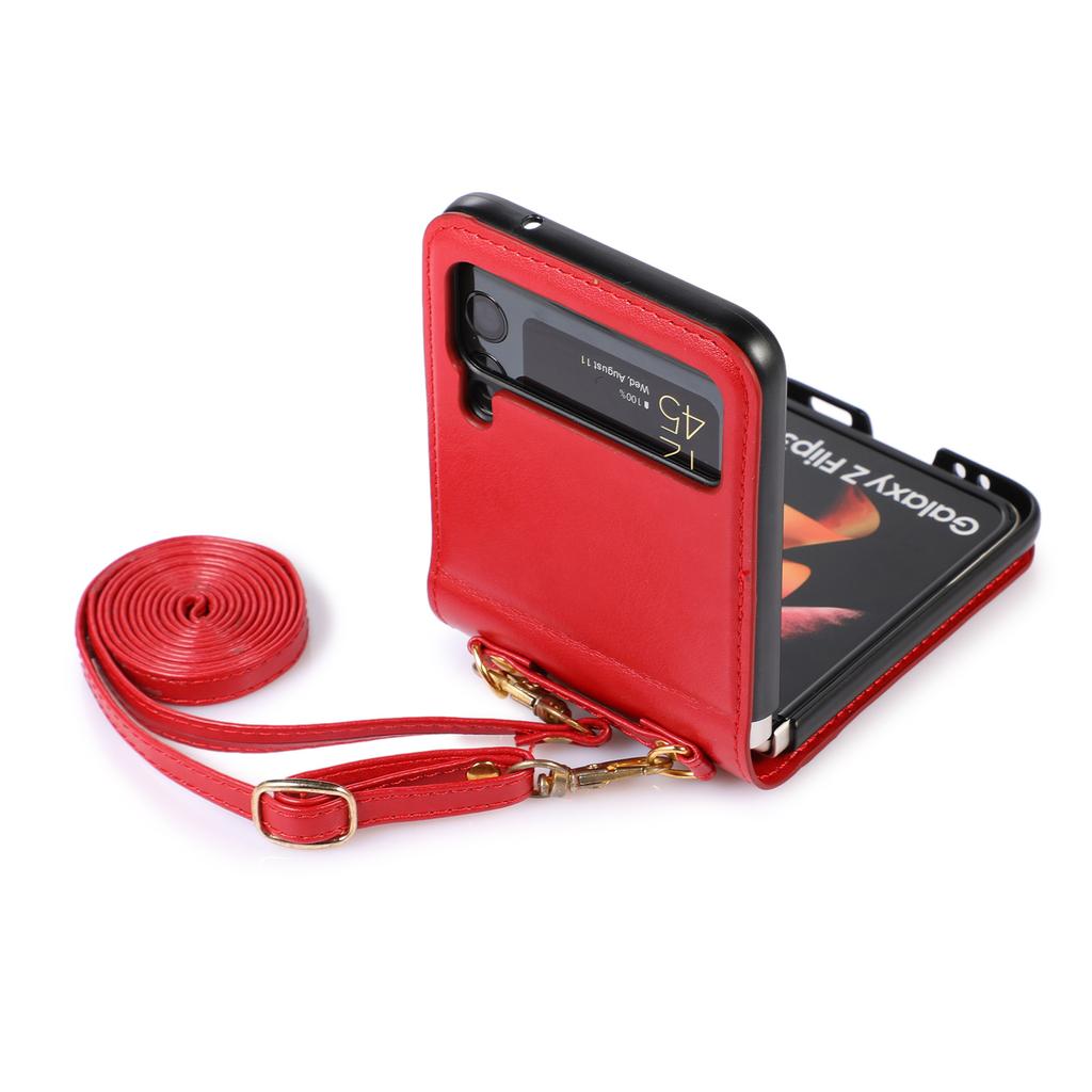 New Model Is Suitable for Samsung Z Flip6 Mobile Phone Case Folding Flip5 Crossbody Mobile Phone Leather Case Card Protection Case