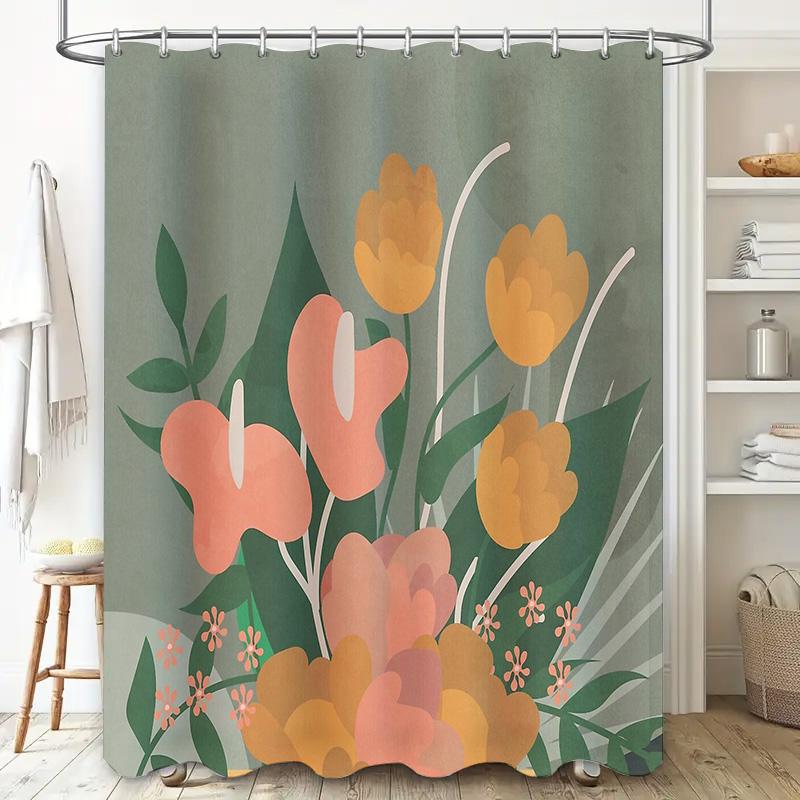 Floral Shower Curtain Botanical Pattern Bathroom Decor Nature Theme Waterproof Fabric Backdrop Modern Artistic Design Home Texti
