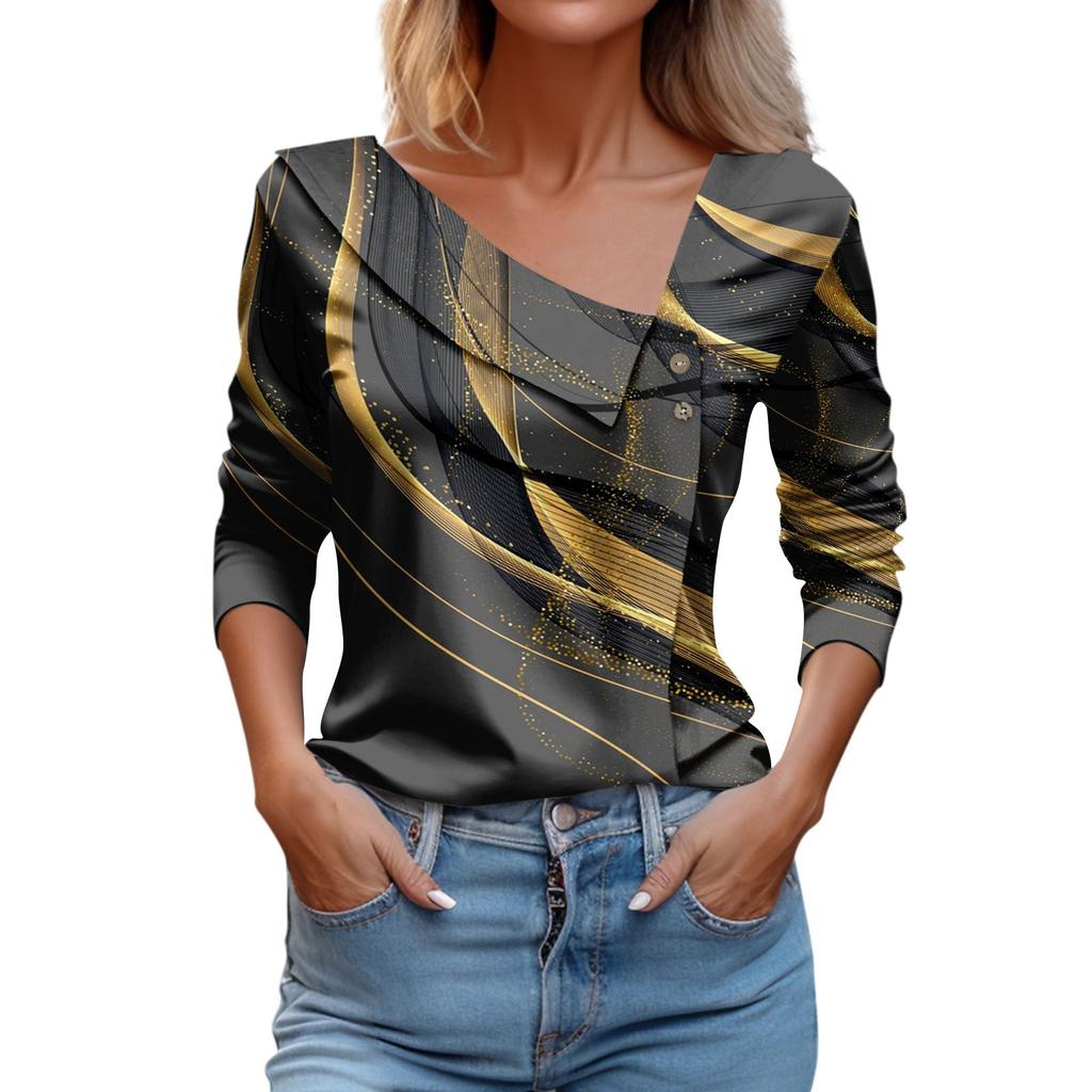 Women's Casual Fashion Print Long Sleeve Lapel V Neck Button Pullover Top