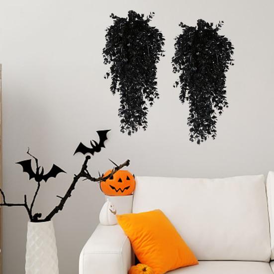 2 ks Halloweenská závěsná umělá eukalyptová strašidelná umělá černá listová větev vnitřní venkovní nástěnná závěsná falešná plastová rostlina černá zeleň dekorace