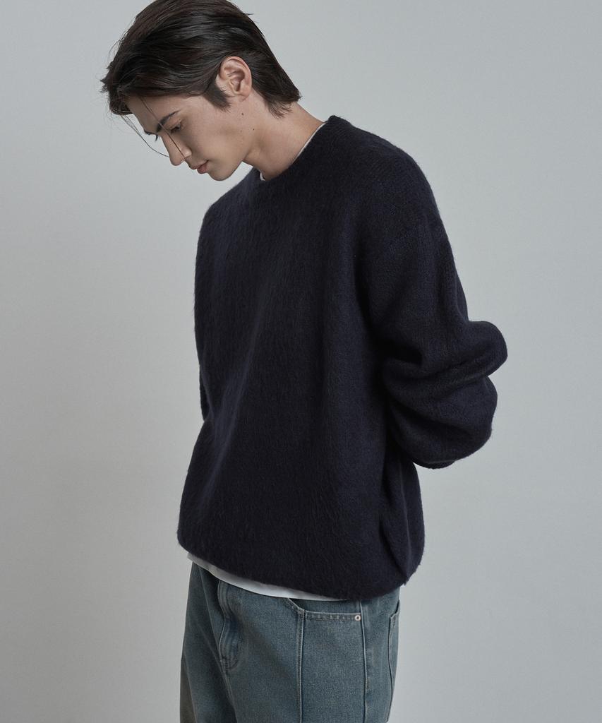WORK ON BODY OFF Lanugo Semi-Overfit Brushed Round Neck Knit [Navy]