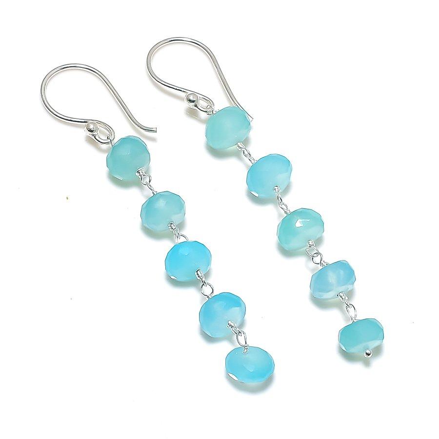 Blue Chalcedony Gemstone Handmade 925 Sterling Silver Jewelry Earring 2.44" GK-5187