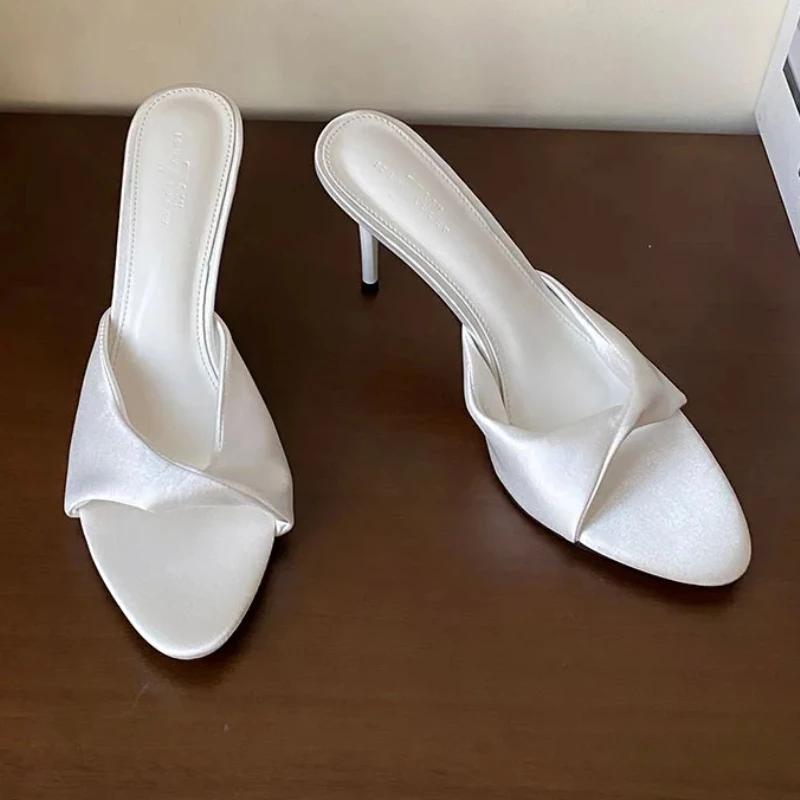 Vysoce kvalitní saténové pantofle na vysokém podpatku Dámské Letní Sexy Sandály s otevřenou špičkou Elegantní Společenské šaty Tenké lodičky Sandalias