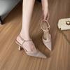 High heels women's stiletto high-end French pointed mesh sandals T-band middle heel fairy style single shoes celebrity style