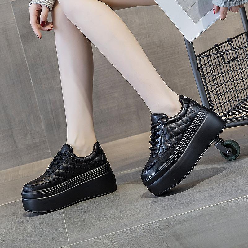 Fashion 8cm New Genuine Leather Sewing Women Platform Women Vulcanized Shoes Hidden Heels Spring Autumn Ladies Chunky Sneakers Fashion