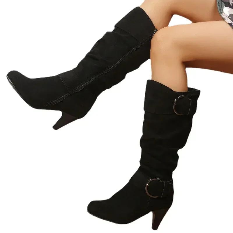 Fashion 2024Winter Fashion Shoes for Women Side Zip Women's Mid-Calf Boots Spike Heels Casual Women's Shoes Med Heel Buckle Ladies Boots