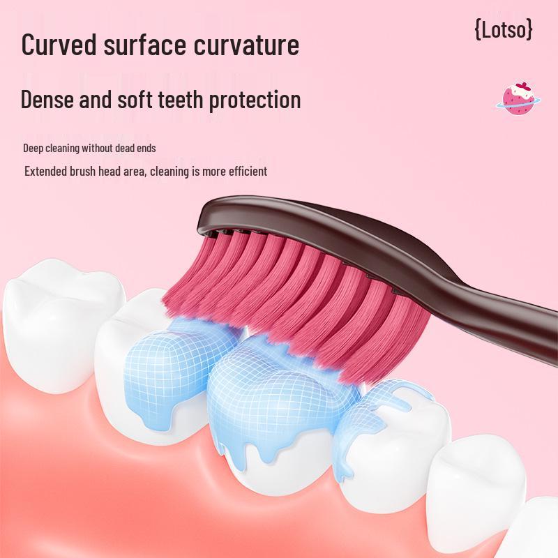 Benou Curved Adult Toothbrush Set - Cute Strawberry/Bear Design, Soft Bristles, Gum Protection, Two-Piece.