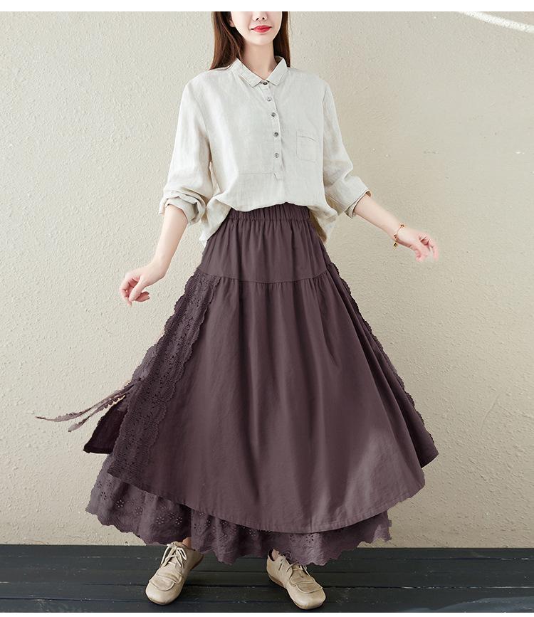 Japanese Mori Girl Linen Half Skirt: Women's Elastic Waist, Heavy Embroidery, Mid-Length A-Line Design.
