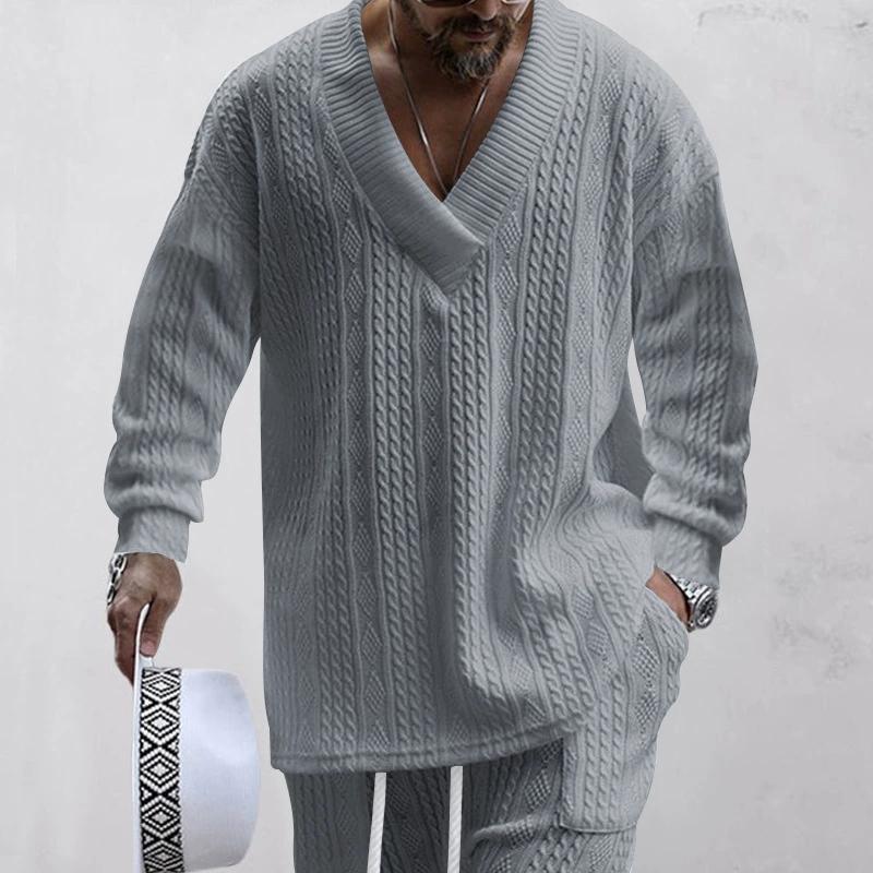 Autumn/Winter Men's Jacquard Loose Knitted Solid Color Casual V-neck Long Sleeve Knitted Shirt
