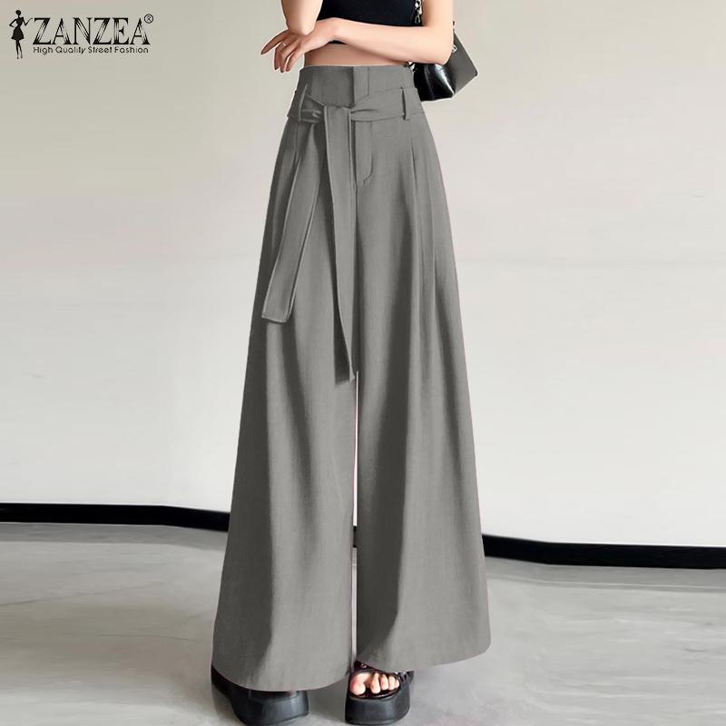 ZANZEA Womens Casual Elastic Waist Solid Color Loose Wide Leg Pants