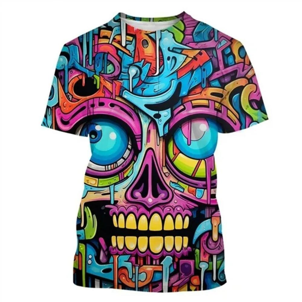 Fashion Colorful Street Graffiti Hip-hop Skull 3D Printing T-shirt Men and Women's Casual T-shirt Short-sleeved Tops Outdoor Street Clothing