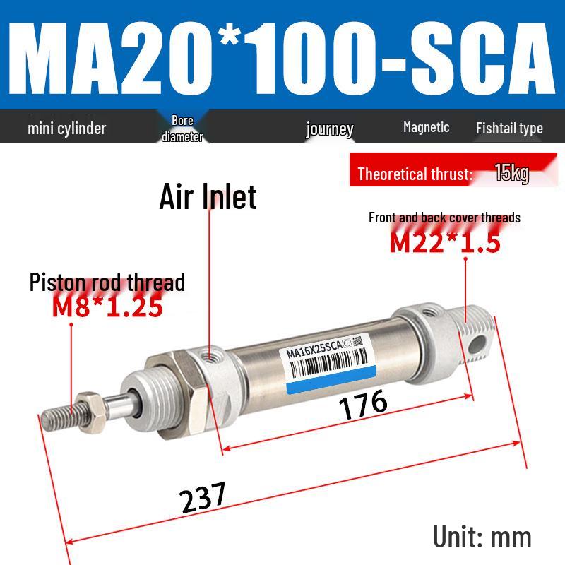 Mini Stainless Steel Pneumatic Cylinder MA Series (16-40mm Bore, 50-200mm Stroke)