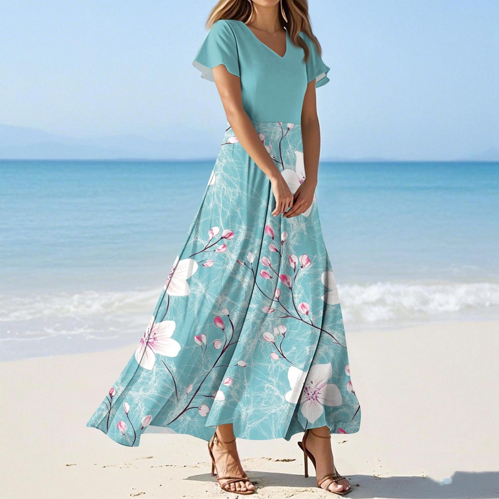 

Женские летние платья Повседневный сарафан Свободные платья с V-образным вырезом и струящимися оборками с короткими рукавами XS