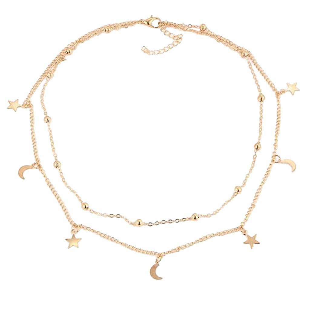 Women's Overlay  Double Layer Moon Star Short Necklace Round Bead Lock Necklace